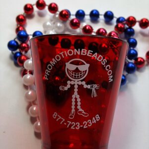 Custom Shot Glass Mardi Gras Bead with PromotionBeads.com logo