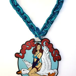 Houston Texans custom shape medallion on a purple, green and gold chain link Mardi Gras bead view 5