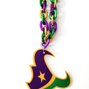 Houston Texans custom shape medallion on a purple, green and gold chain link Mardi Gras bead