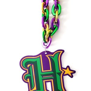 Houston Texans custom shape medallion on a purple, green and gold chain link Mardi Gras bead view 2