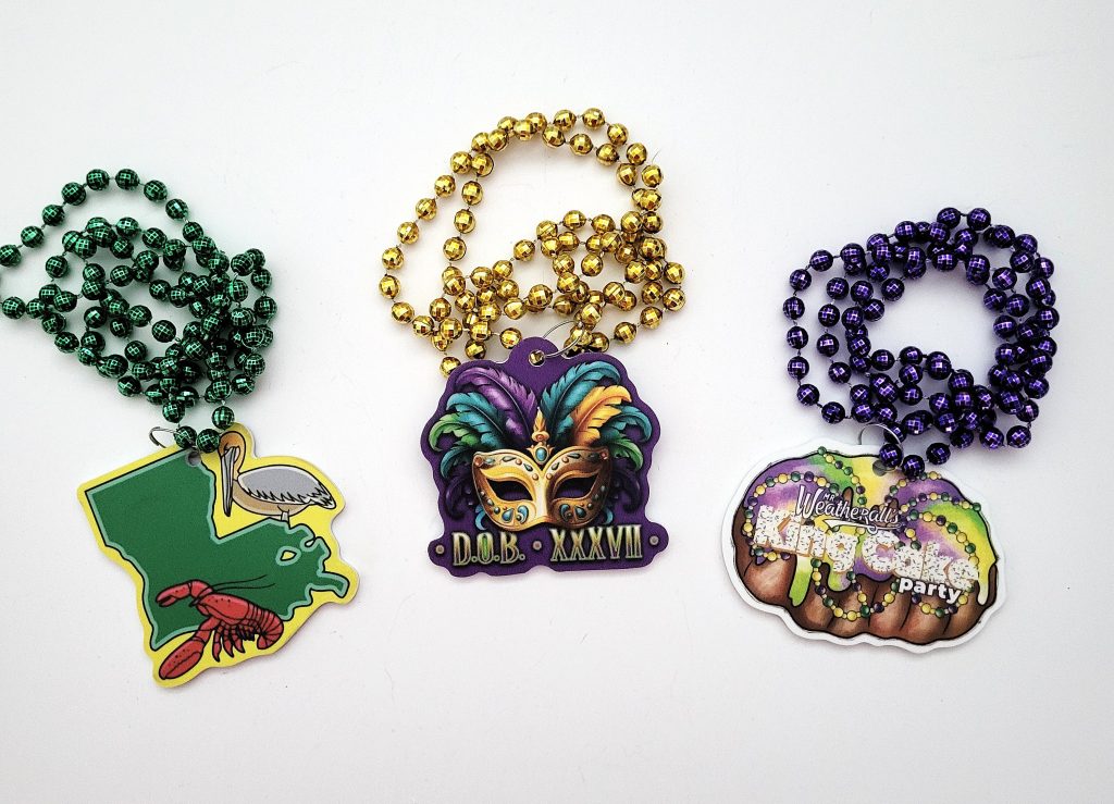 Custom Shape Medallion Mardi Gras Beads custom Mardi Gras beads by PromotionBeads.com