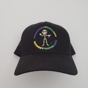 Custom black trucker cap with full color DTF printed PromotionBeads.com logo