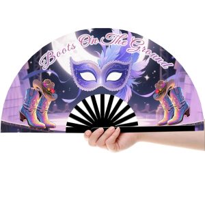 Custom folded 13x24 inch smack fan open in one hand, full color dye sublimation print edge to edge
