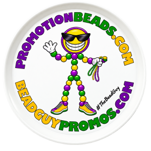 White 14 inch crawfish tray printed with the PromotionBeads.com and BeadGuyPromos.com bead-man logo in purple, green and gold