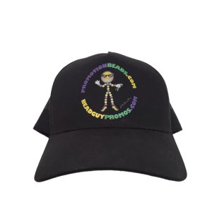 Black custom trucker cap with a full colour PromotionBeads.com Direct to Film print