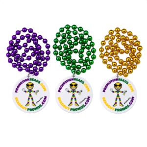 Overseas full color imprint Mardi Gras beads in purple, green and gold with PromotionBeads.com medallions