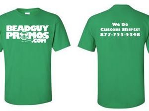 Custom one color screen printed green T shirt, front and back, from PromotionBeads.com